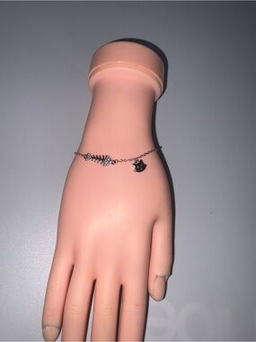 Delicate Silver Charm Bracelet with Fishbone and Cat Charms - Pink Accent